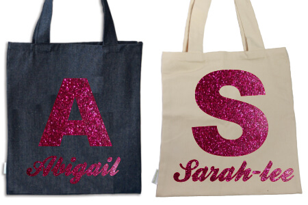 Tote Initial and Name Pink Glitter Flock